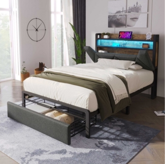 BlingBin Polsterbett Einzelbett Stauraumbetten Bettgestell (1-tlg, mit USB Typ C Ladefunktion Stauraum-Kopfteil und LED-Beleuchtung), mit Schubladen und Lattenrost aus Metallrahmen, 90x200