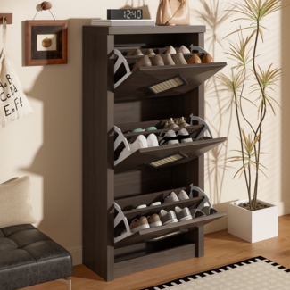 Merax Vintage Schuhschrank mit Rattan-Dekor, 3 Klappfächer, Retro Schuhregal aus Holzoptik Dunkelbraun, platzsparender Schuhschrank