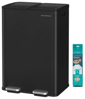 SONGMICS Mülleimer Küche, 2 x 30 Liter, 2 Fächer, Abfalleimer, Tretmülleimer, Küchenmülleimer mit Softclose-Deckel und Inneneimer, Stahl, inklusive 15 Müllbeutel