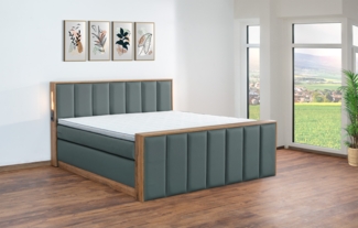 Meisterbetten Boxspringbett Sely mit Holzdekor Eiche Cognac 200x220 in LM-Moorblau, Matratzenbezug Nano, Midisoft-Topper, mit Fussteil