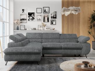 Ecksofa mit Bettfunktion, Modern Sofa, L-form, Einstellbare Kopfstützen, Bettkasten, PETER, 1x Ecksofa, Dunkelgrau, Cord, links