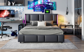 Gasdruckbett mit LED und PU-Bezug, 160x200cm Schwarz