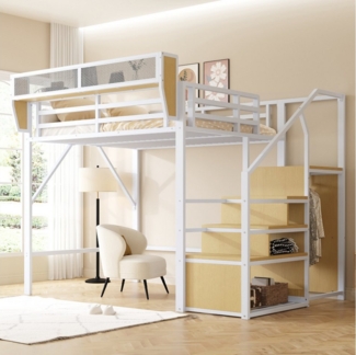 MODFU Hochbett Funktionsbett Kinderbett (140x200 mit Regal & sicherer Leiter, modernes Metallbett, für Studenten, Jugendliche & kleine Räume) ohne Matratze