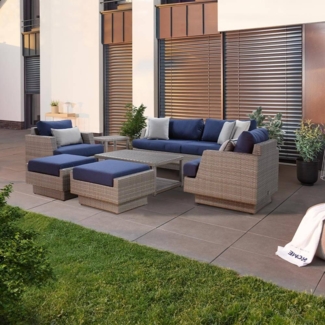 HOME DELUXE Garten-Sitzgruppe aus Rattan inkl. Abdeckung MALIBU – Hellgrau für 8 Personen