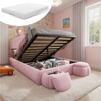 OKWISH Kinderbett Funktionsbett Stauraumbett Polsterbett (140x200 mit LED-Hasenohren, 2 Aufbewahrungshockern & höhenverstellbarem Kopfteil, für Kinder- & Jugendzimmer), mit Matratze