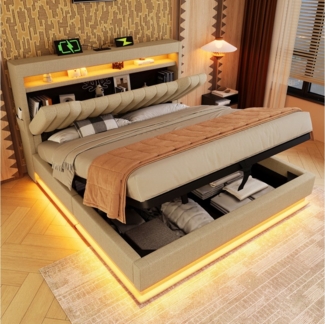 MODFU Polsterbett mit Stauraum LED Beleuchtung Ladefunktion (Struraumbett, Funktionsbett, 160x200 cm, mit Matratze (Dicke20cm), Beige), mit USB- und Typ-C-Anschlüssen, LED-Beleuchtung