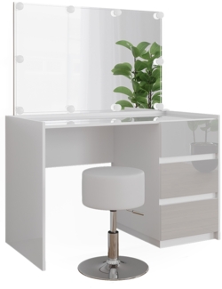 Schminktisch Marla Weiß Hochglanz 120 cm mit Spiegel, Hocker, LED-Lichterkette Vicco
