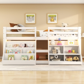 Merax Kinderbett Hochbett 90x200cm mit 2 Regal, Etagenbett mit Led, Holzbett Einzelbett Stockbett mit Rausfallschutz und Lattenrost, Weiß