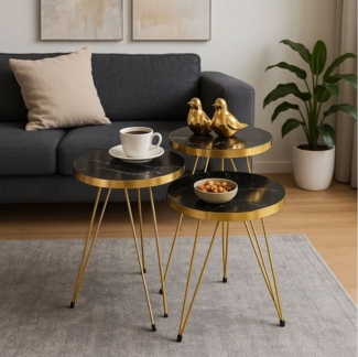 Jungengel Beistelltisch Set 3-teilig rund Marmoroptik Schwarz Gold Modern Stehtisch (Beistelltisch-Set, 3-St, 3-teilig), 3 Beistelltische, schwarzer Marmorlook, goldene Beine, stapelbar