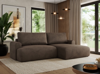 L-förmiges Ecksofa mit losen Kissen und Armlehnen für das Wohnzimmer, Ecksofa mit Schlaffunktion, Bettkästen - TONO - Braun Velours - rechte Seite