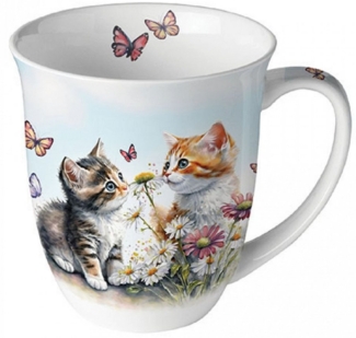 Ambiente Luxury Paper Products Becher Porzellan, Kätzchen, Garten, Katze, Katzen Kollektion, Porzallan Mug 0,4 L Kätzchen im Blumenfeldtasse, Blumen - Pflanzen, Tiere Motiv, Blumen, Pflanzen, Tiere. ideal als Geschenk