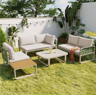 Flieks Gartenlounge-Set, 5-Sitzer Gartenmöbel, Couchtisch aus gehärtetem Glas, Grünes Rattan