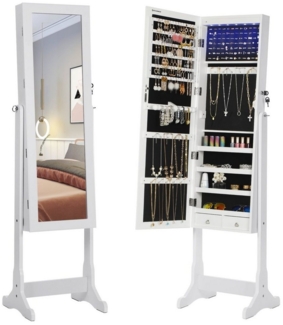 Songmics LED Beleuchtung Schmuckschrank, mit Spiegel, 4 Ablagen und 2 kleinen Schubladen, abschließbar, MDF Weiß, 41 x 151 x 36,5 cm