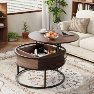 VOWNER Couchtisch Höhenverstellbarer, Wohnzimmertisch Rund, mit Stauraum, Beistelltisch, 80x80x62cm