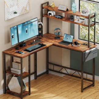 Furnicopia Eckschreibtisch 140 * 120cm Schreibtisch mit LED und USB L-förmiger Computertisch (Mit großem Ablagefach, USB-Ladeanschluss und Steckdose)