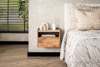 KAWOLA Nachttisch NORYN XL hängend Mangoholz massiv natur 1 Schublade 30 x 35 x 40 cm