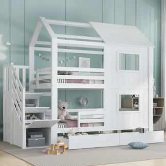 Etagenbett mit 2 Liegeflächen und Stauraum, 90x200 cm, Kinderbett mit Schubladen, Schränken und Rausfallschutz, Hausbett, Kiefer