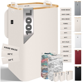 KESSER® Wäschekorb mit Deckel faltbar Wäschebox Wäschetruhe Wäschetonne | Wäschesammler mit herausnehmbaren Wäschesäcke | Laundry Baskets Wäschesortierter inkl. Waschhinweisen Beige, 100 L