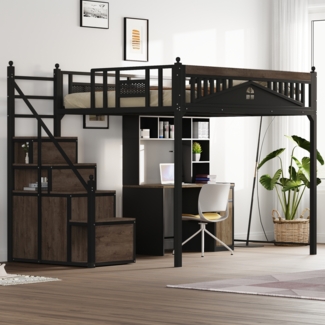 Merax Metall-Hochbett 140 x 200 cm, Etagenbett, Kinderbett Metall-Sicherheitszaun, Kletterleiter von links nach rechts austauschbar, Sicherheitsleiter mit Spinden, Schwarz