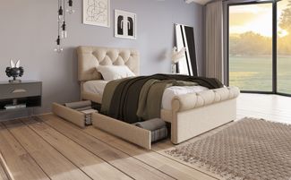 MODFU Polsterbett Stauraumbett mit verstellbarem Kopfteil (Jugendbett Funktionsbett, 90 x 200 cm ohne Matratze), mit 2 Schubladen, Lattenrost mit Klettverschluss