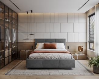 FDM Polsterbett 90x200, 120x200, 140x200, 160x200, 180x200cm Stauraumbett Bettgestell (MADE IN EU - mit hochwertigem Velours Bezug Trinity, Bettrahmen, Bett, Optional mit Matratze bestellbar, mit großen gepolsterten Kopfteil, mit Bettkasten zum aufklap...