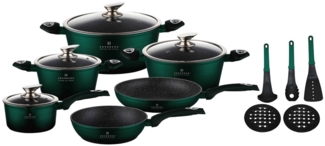 Edenberg Topf-Set Edles dunkelgrünes Topfset mit Kasserolle & Pfannen, Aluminiumguss, Aluminium, Edelstahl, Keramik (Premium-Qualität für höchste Kochfreude, 15-tlg, Edles Design & exzellente Verarbeitung), Edles dunkelgrünes Design, Hitzebeständige, e...