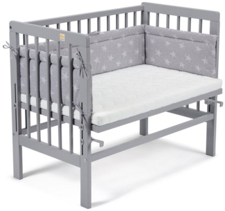 Fabimax 4679 'BASIC' Beistellbett grau, inkl. Matratze 'COMFORT' und Nestchen 'Sterne' weiß auf grau