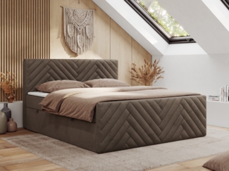 Boxspringbett mit zwei Bettkästen, 7 Härtezonen Multipocket-Matratzen, dekoratives Kopfteil und Front, Doppelbett - PARIS DUO - 140 x 200 cm - Braun Velours - H3