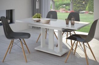 Esstisch "Appia White" 130-210cm ausziehbar, erweiterbar, weiße Tischbeine, Säulentisch, für bis zu 8 Personen (Weiß Hochglanz)