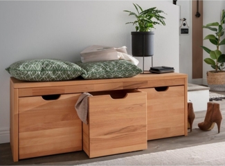 Lomadox Schuhbank CUENCA-137, 120 cm breit, Buche Massivholz, 3 Schubkästen mit Rollen
