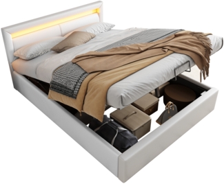 Merax LED Doppelbett 140x200 Polsterbett aus Kunstleder mit Lattenrost & Hydraulische Stauraum Weiß