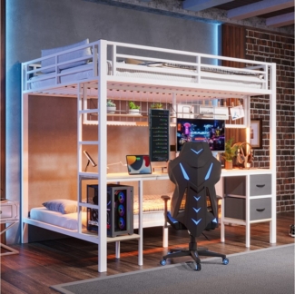 TavilaEcon Etagenbett mit Eisenrahmen, Schubladen und Gitter zum Aufhängen von Gegenständen, mit 7-farbiger LED-Leiste, USB-Anschluss und Schreibtisch, 140×200cm