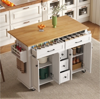 Ulife Küchenwagen Multifunktionale Kücheninsel mit ausziehbarer Arbeitsplatte 120x65 cm, (Multifunktionaler Küchenwagen mit ausziehbarer Arbeitsplatte (120x65 cm), 5 Schubladen, Gewürzregal, Handtuchhalter und Rollen – mobile Kücheninsel für Küche, Ess...