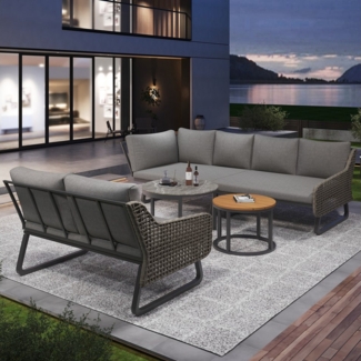 MODFU Sofa Outdoor Garten-Lounge-Set,mit verzinktem Eisengestell, Gartenmöbel-Set für 6-7 Personen – Rattan Lounge-Set mit verstellbaren Beinen und 2 Tischen aus Marmor & Holz, verzinktem Eisenrahmen, wetterbeständig, für Terrasse & Balkon, inkl. Sitz-...