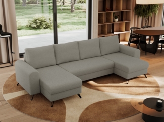 U-förmige Ecksofa, XXL Universalecke mit losen Kissen zum Wohnzimmer, Bettkästen und Schlaffunktion, schwarze Metallbeine - AXEL U - Hellgrau Boucle