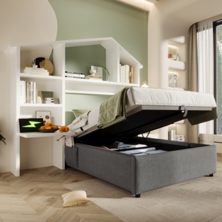 Merax Kinder-Polsterbett 90x200 cm mit Weißes Bücherregal, Hydraulik-Stauraum und USB-C, Einzelbett in Grau mit Lattenrost, Leinen, ohne Matratze
