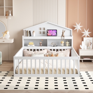 Hausbett Mit Kreidetafel 140x200 Massivholz Kiefer Bodenbett Mit Tür Regalen Stauraum 150kg Tragkraft Kinderzimmer Montessori Spielbett