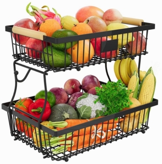 SURFOU Obstschale 2-stöckiger Obstkorb mit haken abnehmbar Metall Organizer Obst Etagere, Kohlenstoffstahl, (mit Holzgriff und 2 Bananenhängern, für Obst, Gemüse, Brot, Snacks,Kosmetik, Toilettenartikel und mehr, für Küchenarbeitsplatte, Wohnzimmer, un...
