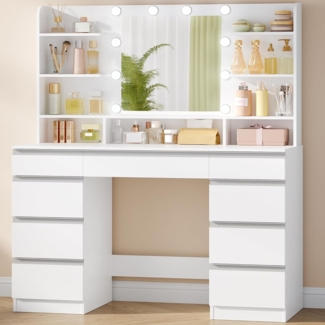 Gro?e Schminktisch mit LED-Beleuchtung, 10 LED-Lichtkugeln, 3 Farben, einstellbare Helligkeit, Frisiertisch mit Spiegel, 9 Schubladen, 9 offenen Ablagen, moderner Stil, Wei?-Silber