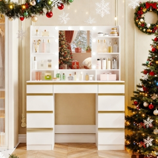 Großer Schminktisch mit LED-Beleuchtung, 10 LED-Lichtkugeln, 3 Farben, einstellbare Helligkeit, Schminktisch mit Spiegel, 9 Schubladen, 9 offenen Ablagen, moderner Stil, Weiß-Gold
