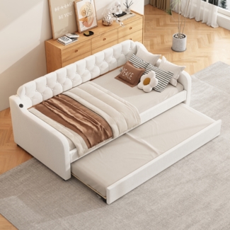Schlafsofa 90x200 cm Tagesbett ausziehbar mit Rollbett,USB-Anschluss,mit Schlafgelegenheit, multifunktionales Gästebett,Beige
