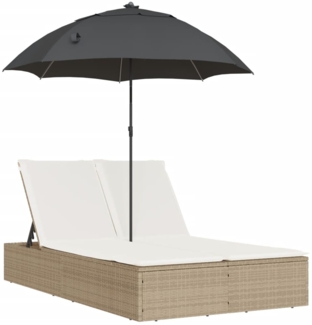 vidaXL Doppel-Sonnenliege mit Kissen & Sonnenschirm Beige Poly Rattan 368085