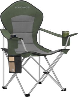 SONGMICS Faltbarer Outdoor-Stuhl, breiter Sitz, hohe Rückenlehne, Getränkehalter, Organizer, tragbar, grün-grau