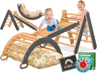 KIDIZ® Klettergerüst Montessori 7in1 Spiel-Set mit Kletterbogen Rutsche Kletterdreieck aus Holz inklusive Kissen, Tafel & Lern-Uhr | Indoor Spielplatz für Kleinkinder ab 1 Jahr & Kinder bis 3 Jahre Anthrazit / Hellbraun