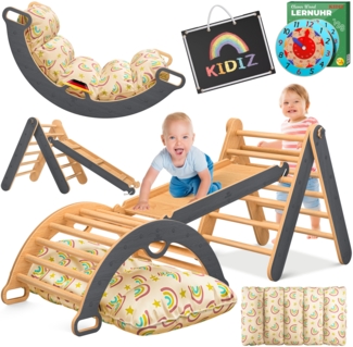 KIDIZ® Klettergerüst Montessori 7in1 Spiel-Set mit Kletterbogen Rutsche Kletterdreieck aus Holz inklusive Kissen, Tafel & Lern-Uhr | Indoor Spielplatz für Kleinkinder ab 1 Jahr & Kinder bis 3 Jahre Anthrazit / Hellbraun