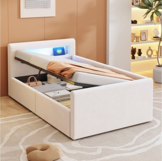 Merax Polsterbett mit hydraulischem Stauraum und Regal (Daybett Tagesbett Schlafsofa, 1-tlg), Kinderbett 90x200cm mit LED USB-Anschluss Nachtlicht, Samt Einzelbett