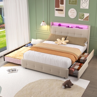 LVHOM Boxbett 140x200cm Bettgestell mit 90x200cm Gästebett, Stabiler Rahmen, Stauraum/Schubladen/Beleuchtung/4 Ladesteckdosen, gepolsterter Kopfteil, Doppelbett