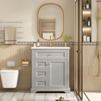 Badezimmerschrank Grau mit Soft-Close-Schubladen & Keramikbecken, 76x46x87 cm