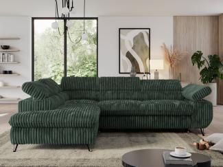 Ecksofa mit Bettfunktion, Modern Sofa, L-form, Einstellbare Kopfstützen, Bettkasten, PEDRO, 1x Ecksofa, 1x Topper, Grün, Cord, links