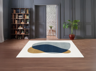 Vente-unique - Teppich mit abstraktem Muster - 160 x 230 cm - Weiß, Blau & Gelb - SANTORELA